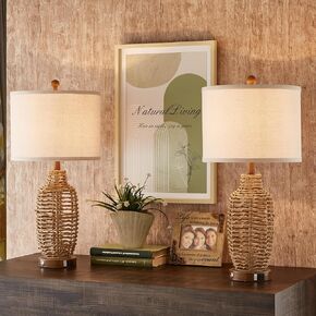 Rattan Table Lamps Set of 2 Wicker Lamps 3 Way Dimmable Touch Control Farmhouse Rustic Coastal Lamps with USB Port for Bedroom Living Room Office (LED Bulbs Included) in Saudi Arabia