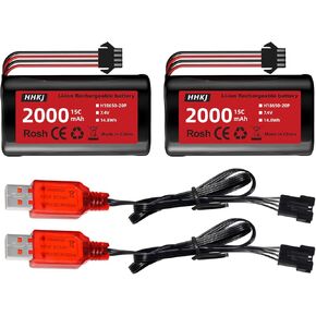 2PCS 7.4V 2000mAh 15C 2S SM-4P التوصيل بطارية ليثيوم أيون مع كابل شحن USB لسيارة RC عالية السرعة 4WD ومعظم 1/12، 1/16، 1/18 مقياس RC سيارة، شاحنة RC سفينة هندسة المركبات بطارية احتياطية in Kuwait
