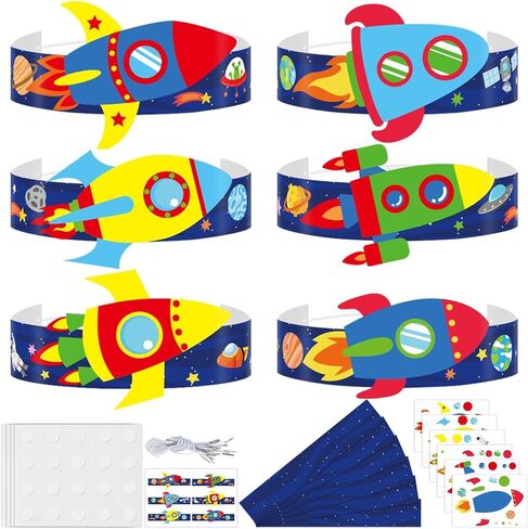 Qyeahkj 24 Sets Space Paper Headbands Craft Kits for DIY Rocket Crowns Arts Decoration Outer Space Paper Hats with Elastic Bands Stickers for Home Activities Birthday Party Favors in Kuwait