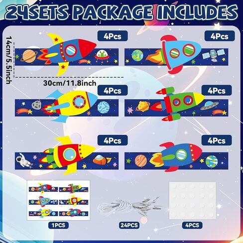 Qyeahkj 24 Sets Space Paper Headbands Craft Kits for DIY Rocket Crowns Arts Decoration Outer Space Paper Hats with Elastic Bands Stickers for Home Activities Birthday Party Favors in Kuwait