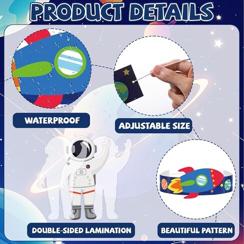 Qyeahkj 24 Sets Space Paper Headbands Craft Kits for DIY Rocket Crowns Arts Decoration Outer Space Paper Hats with Elastic Bands Stickers for Home Activities Birthday Party Favors in Kuwait