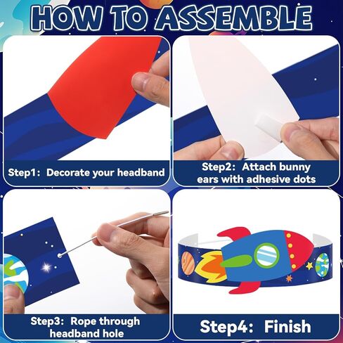 Qyeahkj 24 Sets Space Paper Headbands Craft Kits for DIY Rocket Crowns Arts Decoration Outer Space Paper Hats with Elastic Bands Stickers for Home Activities Birthday Party Favors in Kuwait
