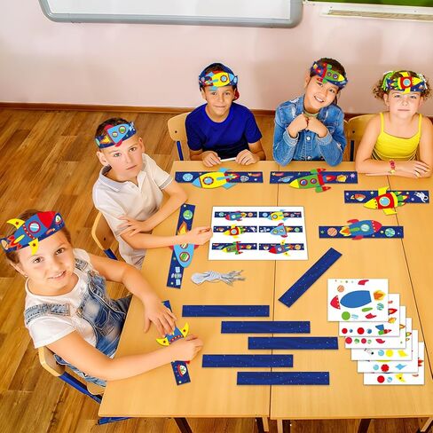 Qyeahkj 24 Sets Space Paper Headbands Craft Kits for DIY Rocket Crowns Arts Decoration Outer Space Paper Hats with Elastic Bands Stickers for Home Activities Birthday Party Favors in Kuwait