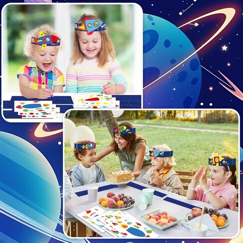 Qyeahkj 24 Sets Space Paper Headbands Craft Kits for DIY Rocket Crowns Arts Decoration Outer Space Paper Hats with Elastic Bands Stickers for Home Activities Birthday Party Favors in Kuwait