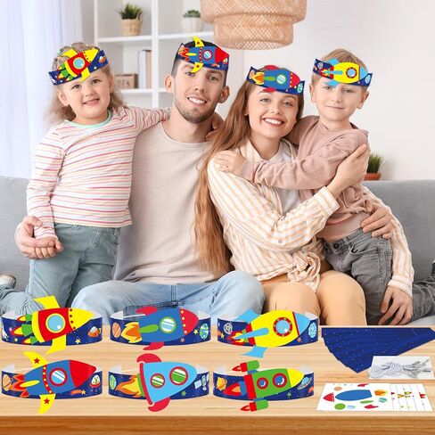 Qyeahkj 24 Sets Space Paper Headbands Craft Kits for DIY Rocket Crowns Arts Decoration Outer Space Paper Hats with Elastic Bands Stickers for Home Activities Birthday Party Favors in Kuwait