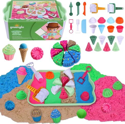 greenglo Kids Sensory Sand Playset - 2.2 LBS Colored Sand (1* Soft Magic, 3* Firm Modeling) with 23 Cake & Dessert Molds w Sensory Bin, Educational Sand Kit for Toddlers & Kids Ages 3-8 in Saudi Arabia