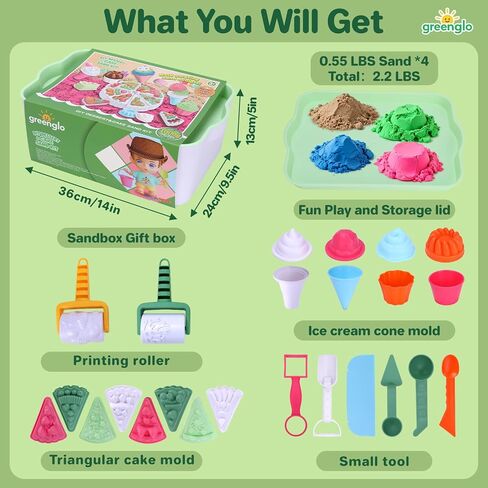 greenglo Kids Sensory Sand Playset - 2.2 LBS Colored Sand (1* Soft Magic, 3* Firm Modeling) with 23 Cake & Dessert Molds w Sensory Bin, Educational Sand Kit for Toddlers & Kids Ages 3-8 in Saudi Arabia