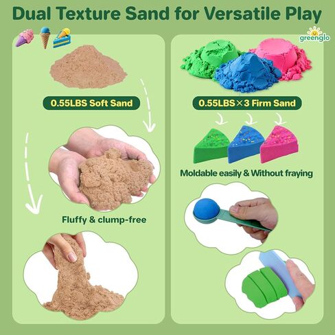 greenglo Kids Sensory Sand Playset - 2.2 LBS Colored Sand (1* Soft Magic, 3* Firm Modeling) with 23 Cake & Dessert Molds w Sensory Bin, Educational Sand Kit for Toddlers & Kids Ages 3-8 in Saudi Arabia
