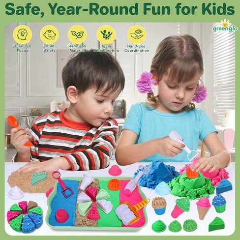 greenglo Kids Sensory Sand Playset - 2.2 LBS Colored Sand (1* Soft Magic, 3* Firm Modeling) with 23 Cake & Dessert Molds w Sensory Bin, Educational Sand Kit for Toddlers & Kids Ages 3-8 in Saudi Arabia