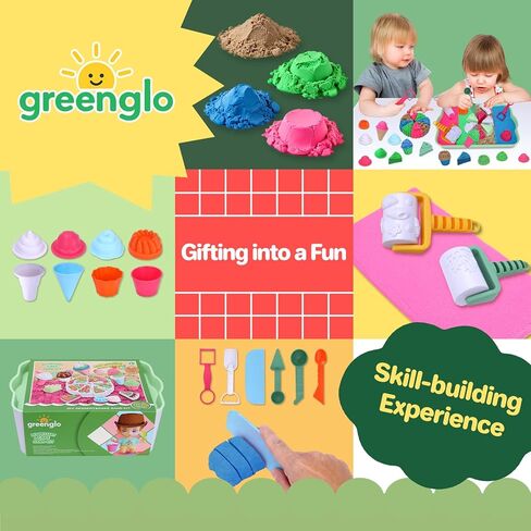 greenglo Kids Sensory Sand Playset - 2.2 LBS Colored Sand (1* Soft Magic, 3* Firm Modeling) with 23 Cake & Dessert Molds w Sensory Bin, Educational Sand Kit for Toddlers & Kids Ages 3-8 in Saudi Arabia