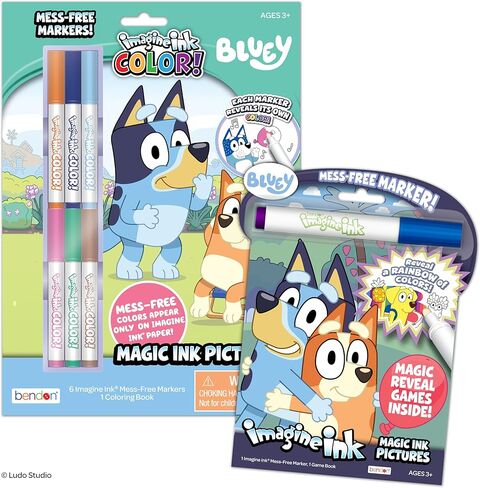 مجموعة كتب التلوين الرسمية من Bendon Bluey Imagine Ink، عبوتين مع أقلام تحديد خالية من الفوضى، 16 صفحة، 6 علامات حبر سحرية، حقيبة تخزين مدمجة، هدية سفر للأطفال من سن 3 سنوات فما فوق in Kuwait