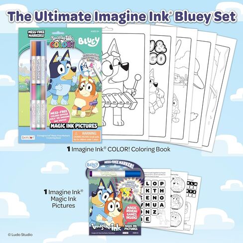 مجموعة كتب التلوين الرسمية من Bendon Bluey Imagine Ink، عبوتين مع أقلام تحديد خالية من الفوضى، 16 صفحة، 6 علامات حبر سحرية، حقيبة تخزين مدمجة، هدية سفر للأطفال من سن 3 سنوات فما فوق in Kuwait