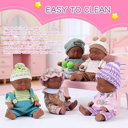 Vueos 10 Pcs 5 Inch Mini Black Dolls Playset with Black Baby Doll Clothes and Hat - African American First Baby Dolls for Toddlers Ages 3+ in Saudi Arabia