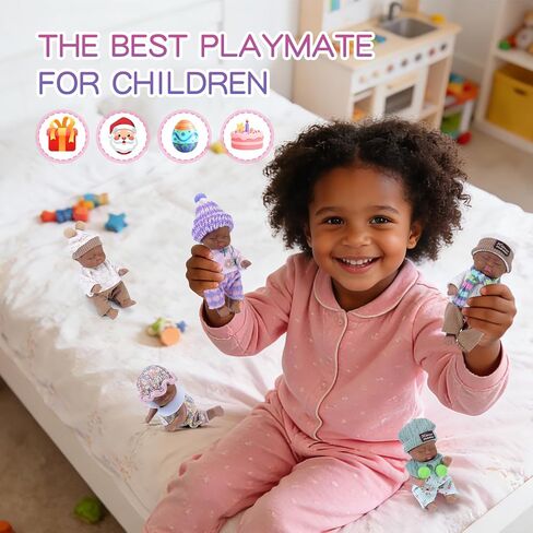 Vueos 10 Pcs 5 Inch Mini Black Dolls Playset with Black Baby Doll Clothes and Hat - African American First Baby Dolls for Toddlers Ages 3+ in Saudi Arabia