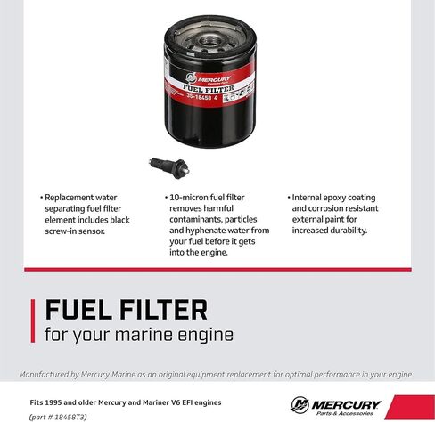 Mercury 18458T3 Water Separating Fuel Filter with Black Sensor for 1995 and Earlier Mercury or Mariner V6 EFI/DFI Outboards in Kuwait