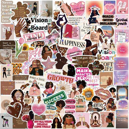 100PCS Melanin Black Girls Vision Board Aesthetic Starry Glitter Stickers, Pink Motivational Inspirational Laptop Planner Jounal Scrapbook Water Bottles Waterproof Decal for Adults Black Women Gift in Saudi Arabia