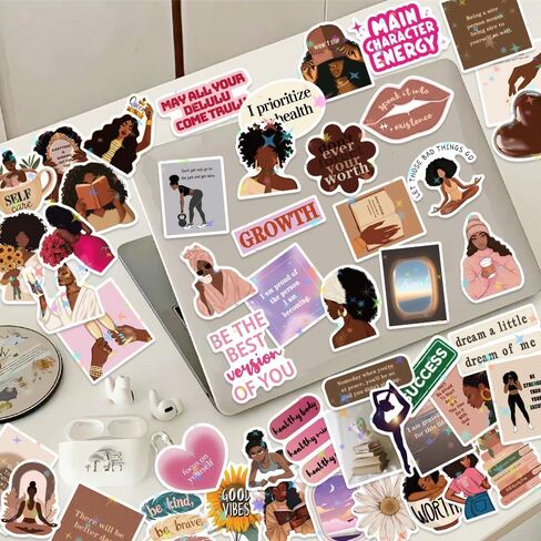 100PCS Melanin Black Girls Vision Board Aesthetic Starry Glitter Stickers, Pink Motivational Inspirational Laptop Planner Jounal Scrapbook Water Bottles Waterproof Decal for Adults Black Women Gift in Saudi Arabia