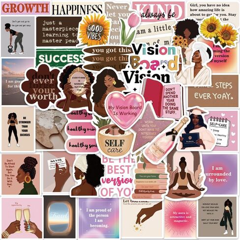 100PCS Melanin Black Girls Vision Board Aesthetic Starry Glitter Stickers, Pink Motivational Inspirational Laptop Planner Jounal Scrapbook Water Bottles Waterproof Decal for Adults Black Women Gift in Saudi Arabia