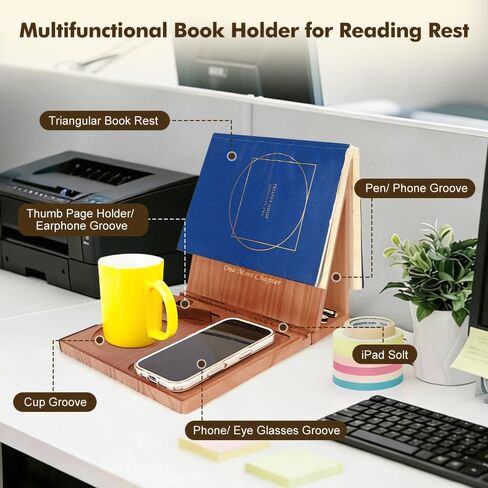 Triangle Book Holder Stand & Reading Valet, Foldable Wooden Book Rest with Cup, Phone, Glasses & Pen Holder, Includes Thumb Page Holder, Ideal Reading Accessory Gift for Book Lovers, Readers in Saudi Arabia