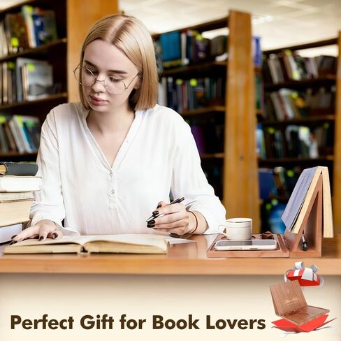Triangle Book Holder Stand & Reading Valet, Foldable Wooden Book Rest with Cup, Phone, Glasses & Pen Holder, Includes Thumb Page Holder, Ideal Reading Accessory Gift for Book Lovers, Readers in Saudi Arabia