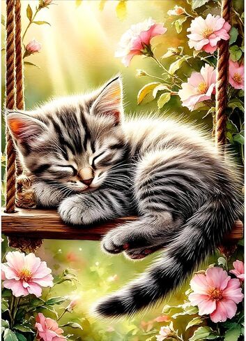 DPHERO Swinging Cat Diamond Painting Kits for Beginners Adults,5D DIY Sleeping Cat Diamond Art Kits,Round Full Drill Wildflowers Gem Art Crafts,DIY Painting by Numbers for Home Wall Decor 12x16 inch in Saudi Arabia