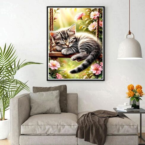 DPHERO Swinging Cat Diamond Painting Kits for Beginners Adults,5D DIY Sleeping Cat Diamond Art Kits,Round Full Drill Wildflowers Gem Art Crafts,DIY Painting by Numbers for Home Wall Decor 12x16 inch in Saudi Arabia