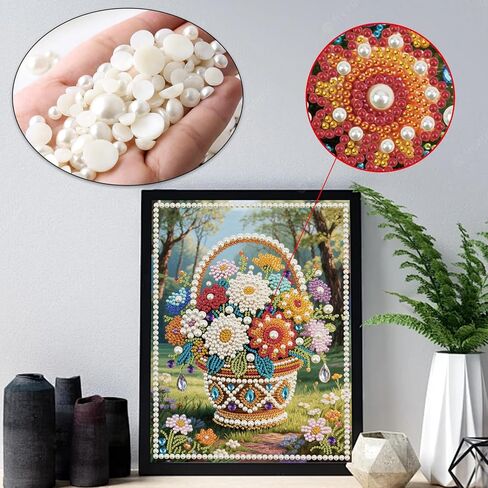 Stalente Pearl Diamond Painting Kits for Adults Flower Basket, 5D Special Shape Diamond Art Kits for Beginners, Crystal Rhinestones Diamond Painting for Home Wall Decoration Gift 12×16inch in Kuwait