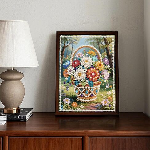 Stalente Pearl Diamond Painting Kits for Adults Flower Basket, 5D Special Shape Diamond Art Kits for Beginners, Crystal Rhinestones Diamond Painting for Home Wall Decoration Gift 12×16inch in Kuwait