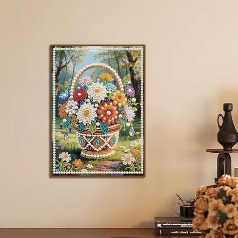 Stalente Pearl Diamond Painting Kits for Adults Flower Basket, 5D Special Shape Diamond Art Kits for Beginners, Crystal Rhinestones Diamond Painting for Home Wall Decoration Gift 12×16inch in Kuwait