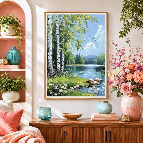 NXIKYO Trees Lakes Diamond Art Kits for Adults, Nature Scenery 5D Diamond Painting Dots Art Kits for Beginners, Fun DIY Full Round Gem Painting Crafts for Adults, Home Wall Decor 12 x 16 in in Saudi Arabia
