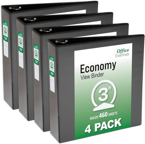 Office Essentials Economy View 3 مجلدات حلقية، 3 حلقات دائرية، 3.5 بوصة عمود فقري، سعة 460 ورقة، مجلدات سوداء (4 عبوات من 03149) in Kuwait