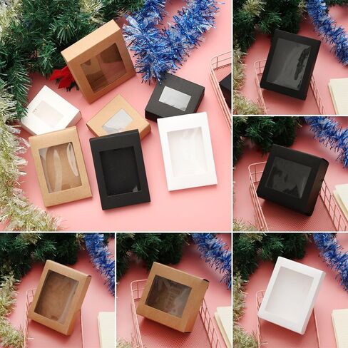 10Pcs Kraft Paper Wrapping Box with Clear PVC Window,12.5x8.5x1.5cm Candy Cake Package for Birthday Wedding Favors in Kuwait