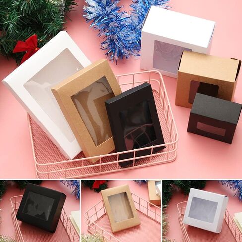 10Pcs Kraft Paper Wrapping Box with Clear PVC Window,12.5x8.5x1.5cm Candy Cake Package for Birthday Wedding Favors in Kuwait