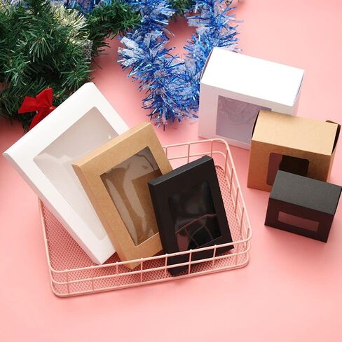 10Pcs Kraft Paper Wrapping Box with Clear PVC Window,12.5x8.5x1.5cm Candy Cake Package for Birthday Wedding Favors in Kuwait
