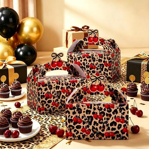 علب هدايا ورقية من ورق الكرز الفهد من Whaline مع مقابض 12 قطعة من أكياس حلوى Goodie Candy بطباعة الفهد وقوس الكرز الجملون صناديق هدايا لحفلات سفاري وحفلات أعياد الميلاد in Kuwait