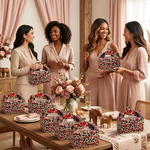 علب هدايا ورقية من ورق الكرز الفهد من Whaline مع مقابض 12 قطعة من أكياس حلوى Goodie Candy بطباعة الفهد وقوس الكرز الجملون صناديق هدايا لحفلات سفاري وحفلات أعياد الميلاد in Kuwait