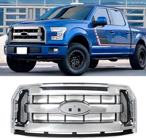 Chrome Front Bumper Grill Compatible with 2015-2017 Ford F-150 F150 XLT Style Truck Grille Assembly Replace for FL3Z8200DA, FL3Z8200AA in Kuwait