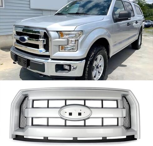 Chrome Front Bumper Grill Compatible with 2015-2017 Ford F-150 F150 XLT Style Truck Grille Assembly Replace for FL3Z8200DA, FL3Z8200AA in Kuwait