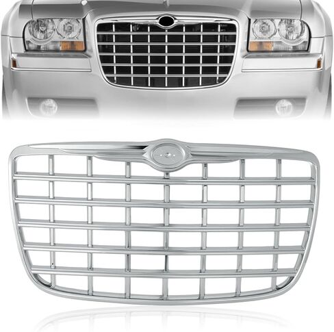 KARPAL Front Bumper Grille Chrome Shell W/Silver Insert Plastic Compatible with 2005-2010 Chrysler 300 Replacement 4805928AC CH1200276 in Kuwait