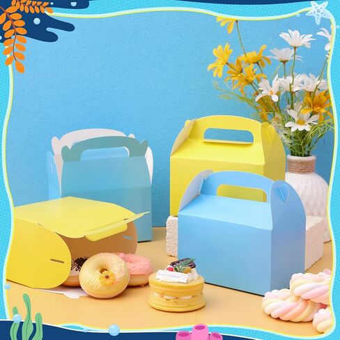 Honoson 24 Pcs Gable Paper Gift Boxes Yellow and Blue Party Favor Treat Boxes for Goodie, Candy, Cookie, Snacks, Sponge Birthday Cartoon Themed Party Decorations 6.3" x 3.74" x 3.74" in Kuwait