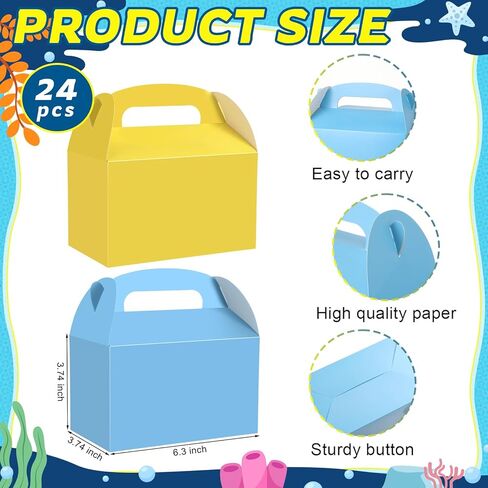 Honoson 24 Pcs Gable Paper Gift Boxes Yellow and Blue Party Favor Treat Boxes for Goodie, Candy, Cookie, Snacks, Sponge Birthday Cartoon Themed Party Decorations 6.3" x 3.74" x 3.74" in Kuwait