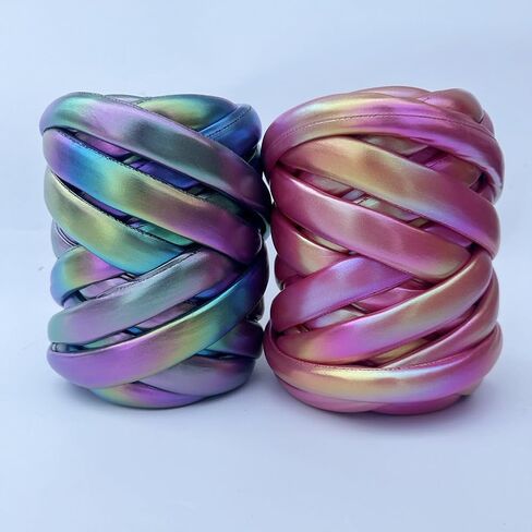Metallic Chunky Yarn for Hand Knitting - 500g Soft & Elastic Polyester Cotton Tube Yarn Shiny Fabric for Arm Knitting, Blankets, Scarves, Home Decor (Champagne) in Kuwait