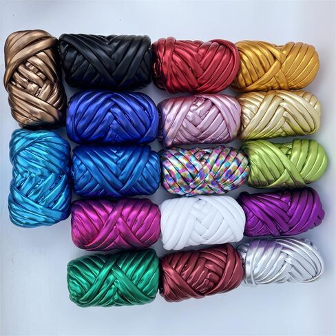 Metallic Chunky Yarn for Hand Knitting - 500g Soft & Elastic Polyester Cotton Tube Yarn Shiny Fabric for Arm Knitting, Blankets, Scarves, Home Decor (Champagne) in Kuwait