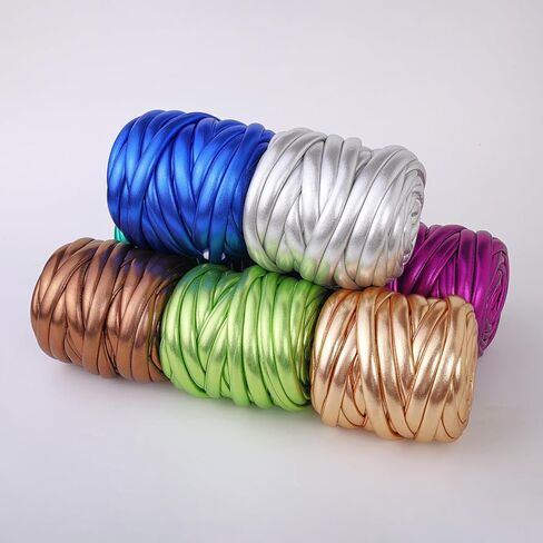 Metallic Chunky Yarn for Hand Knitting - 500g Soft & Elastic Polyester Cotton Tube Yarn Shiny Fabric for Arm Knitting, Blankets, Scarves, Home Decor (Champagne) in Kuwait