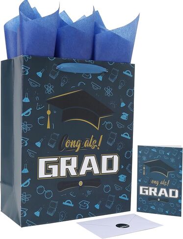 13'' Large Graduation Gift Bag Set with Handles, Greeting Card, Tissue Papers and Stickers for Boys Men Kids Teens for college, High School, 8th Grade, Kindergarten, Graduation Design, 1 Pcs in Kuwait