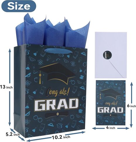 13'' Large Graduation Gift Bag Set with Handles, Greeting Card, Tissue Papers and Stickers for Boys Men Kids Teens for college, High School, 8th Grade, Kindergarten, Graduation Design, 1 Pcs in Kuwait