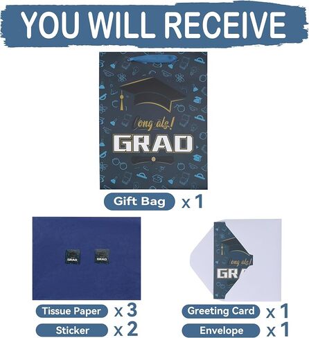13'' Large Graduation Gift Bag Set with Handles, Greeting Card, Tissue Papers and Stickers for Boys Men Kids Teens for college, High School, 8th Grade, Kindergarten, Graduation Design, 1 Pcs in Kuwait