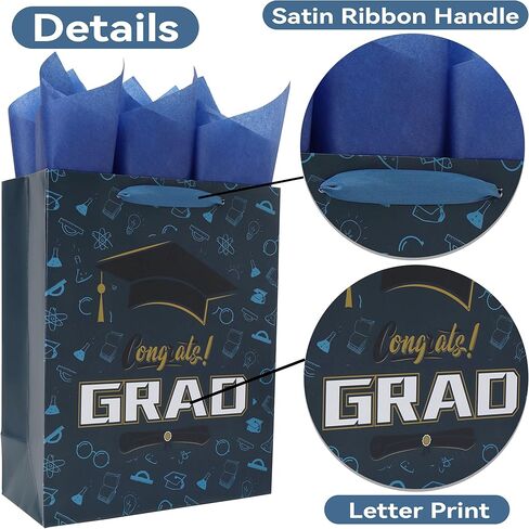 13'' Large Graduation Gift Bag Set with Handles, Greeting Card, Tissue Papers and Stickers for Boys Men Kids Teens for college, High School, 8th Grade, Kindergarten, Graduation Design, 1 Pcs in Kuwait