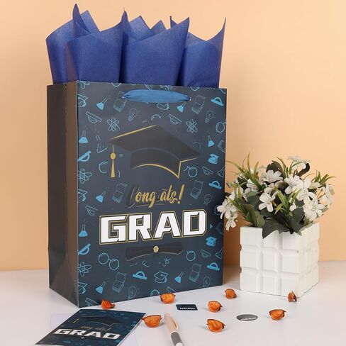 13'' Large Graduation Gift Bag Set with Handles, Greeting Card, Tissue Papers and Stickers for Boys Men Kids Teens for college, High School, 8th Grade, Kindergarten, Graduation Design, 1 Pcs in Kuwait
