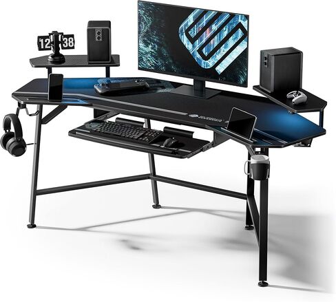 EUREKA ERGONOMIC Aero 72 Inch Gaming Desk with Keyboard Tray, Large Computer Desk Led Lights, Wing-Shaped Monitor Stand Dual Headphone Hanger Cup Holder for Studio,Streamer,Live,Black in Kuwait